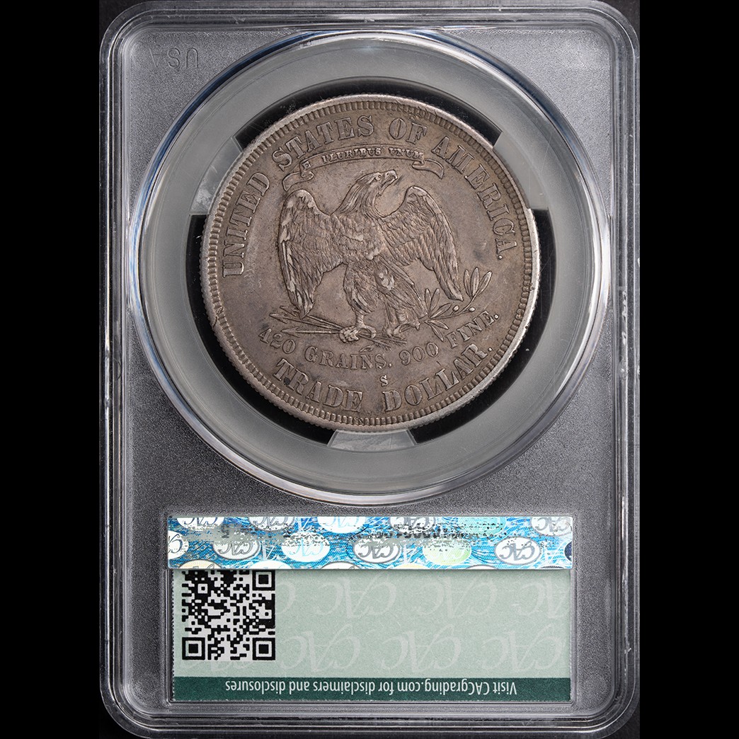 1878-S T$1 Trade Dollar CACG AU50 in holder, view 2
