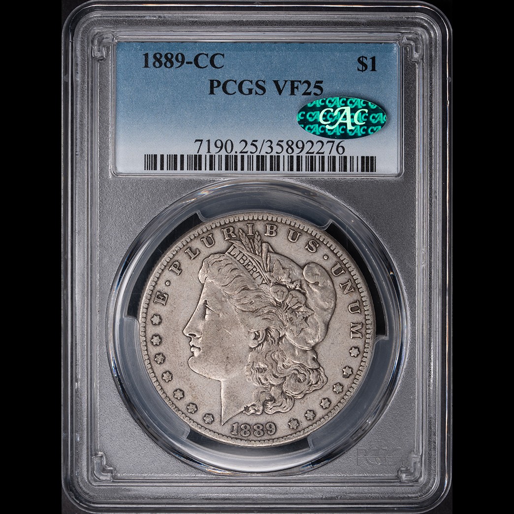 1889-CC $1 Morgan Silver Dollar PCGS VF25 CAC in holder, view 1