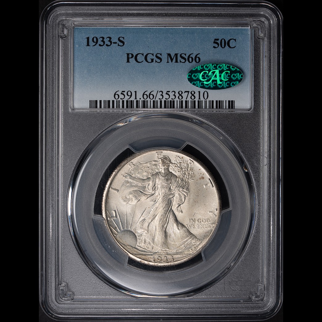 1933-S 50C Walking Liberty Half Dollar PCGS MS66 CAC in holder, view 1