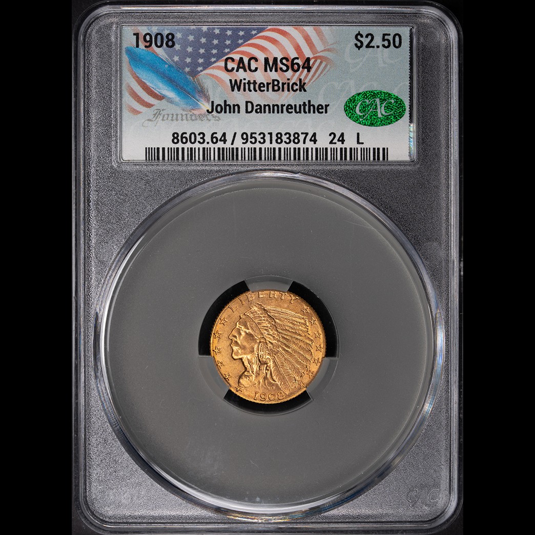 1908 $2.50 Indian Head Quarter Eagle CACG MS64 Witterbrick JD in holder, view 1