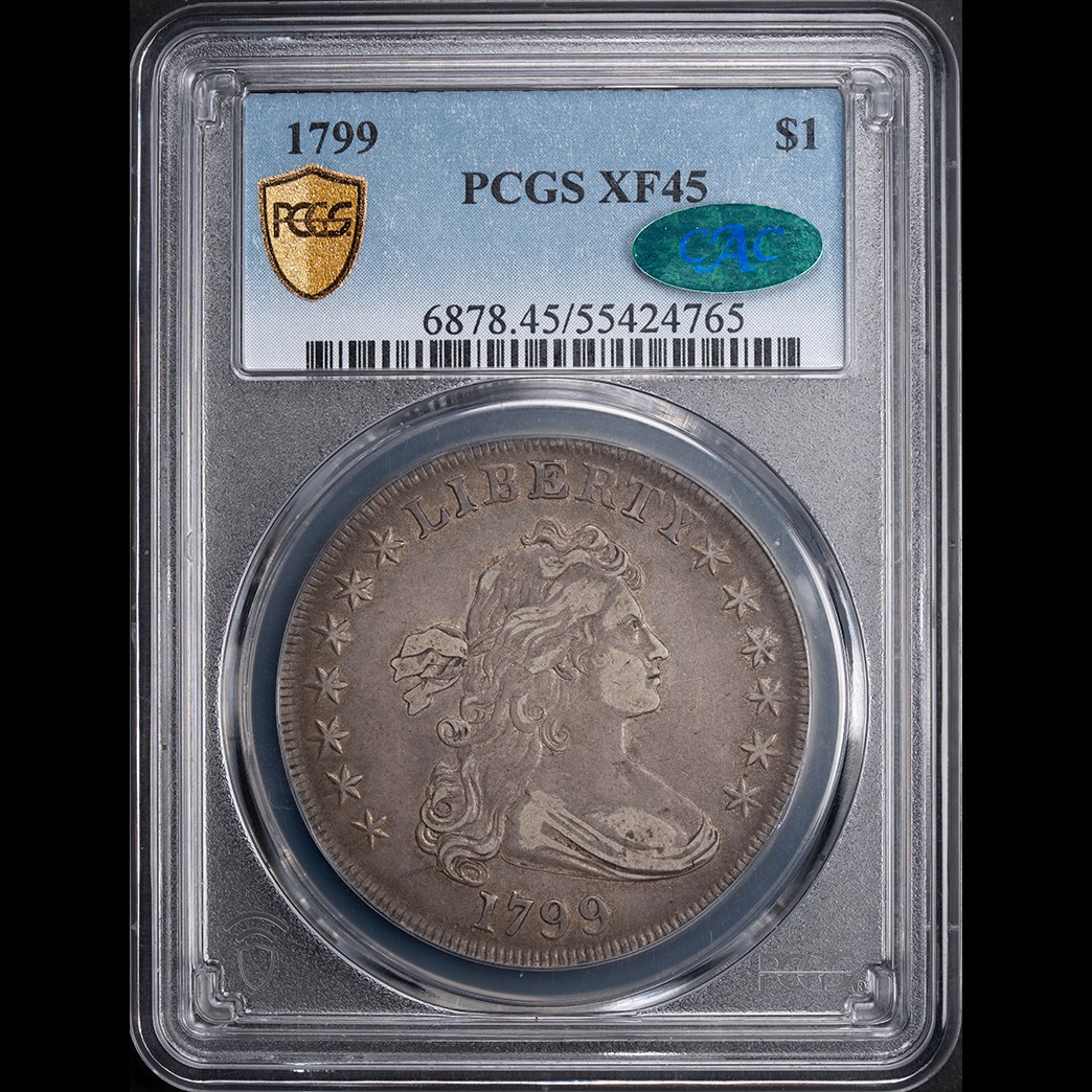 1799 $1 Draped Bust Silver Dollar PCGS XF45 CAC obverse