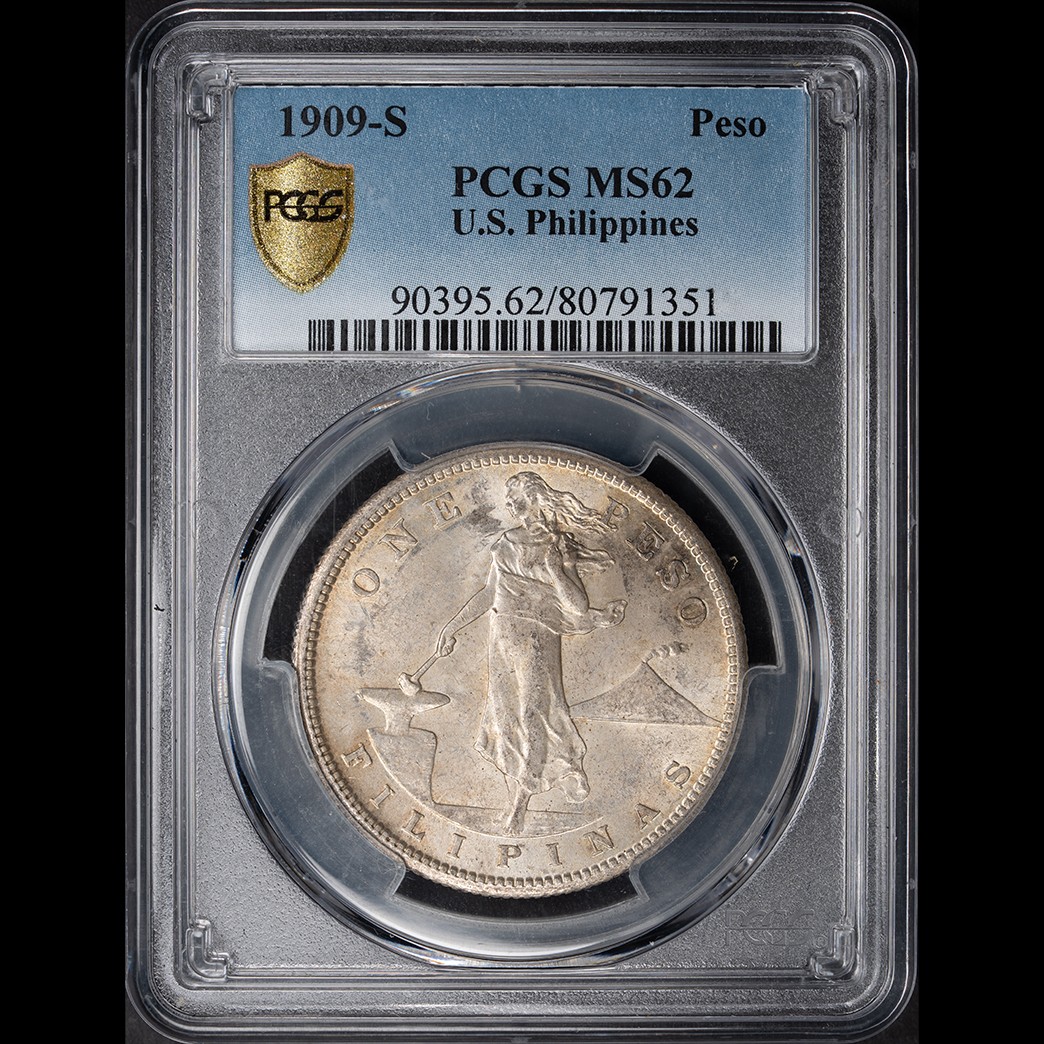 1909-S Peso US Philippines PCGS MS62  in holder, view 1