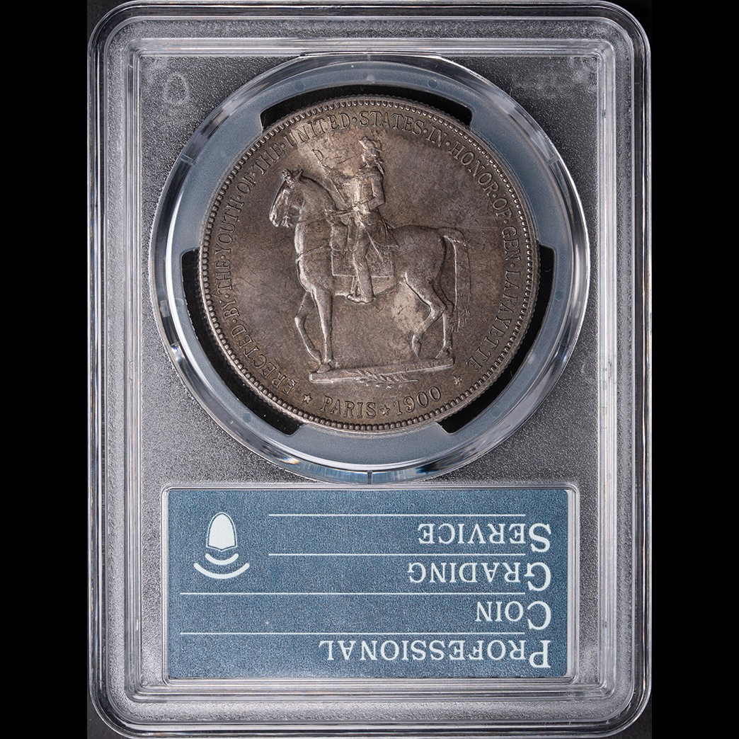 1900 $1 Lafayette Silver Dollar Commem PCGS MS64 CAC in holder, view 2