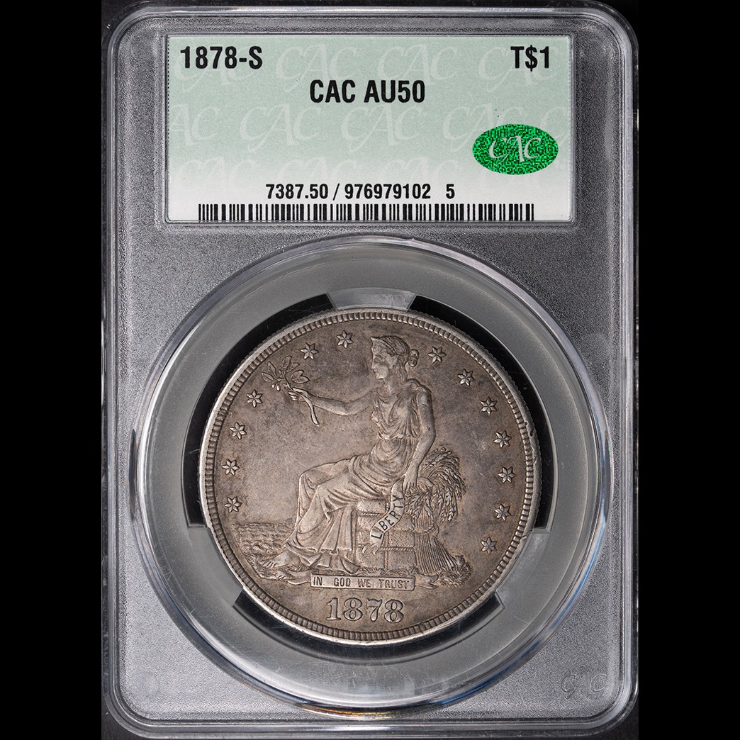 1878-S T$1 Trade Dollar CACG AU50 in holder, view 1