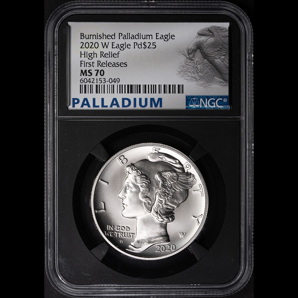 2020-W Burnished Palladium Eagle Pd$25 High Relief NGC MS70 in holder, view 1