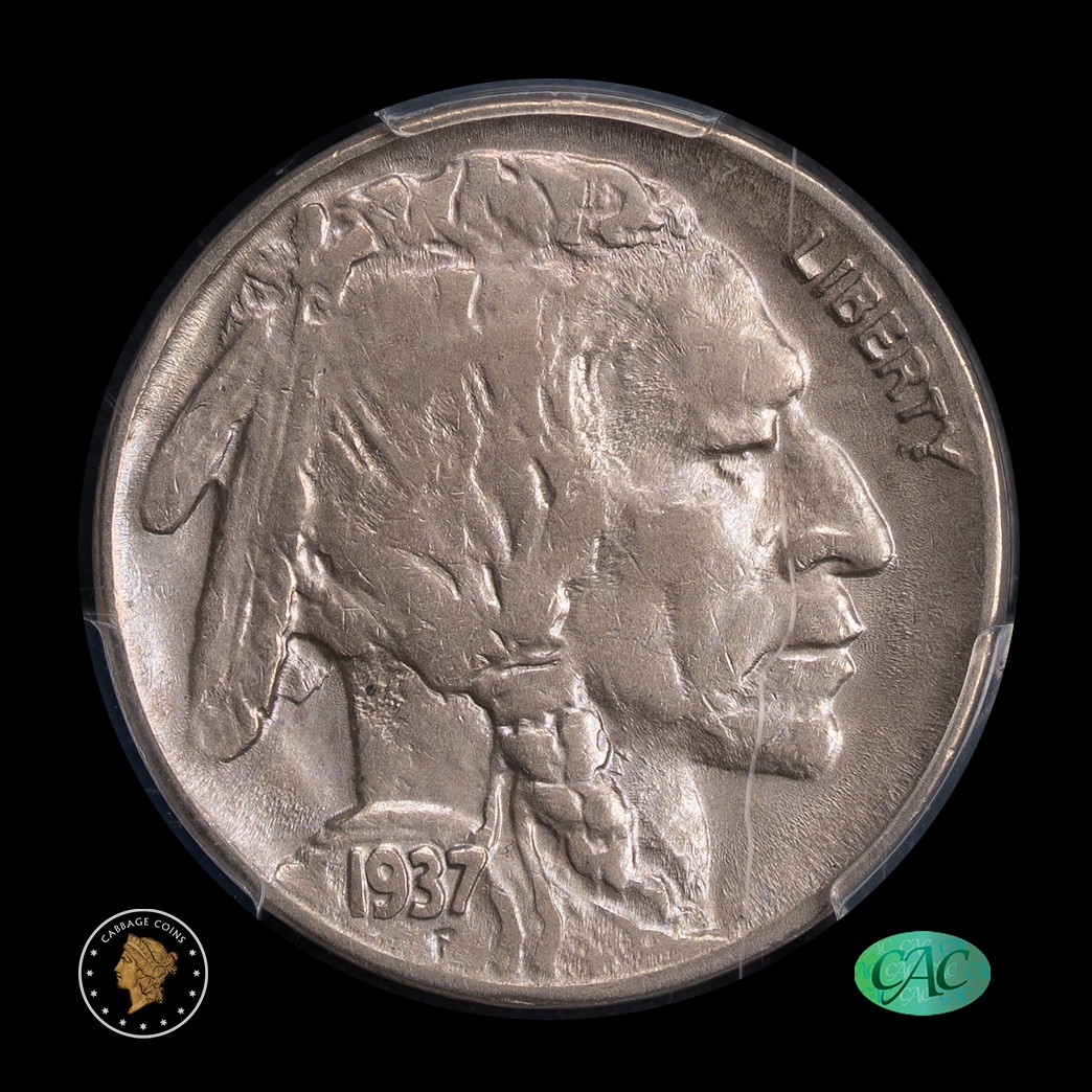 1937-D 5C Buffalo Nickel PCGS AU53 CAC 3 Legs in holder, view 1