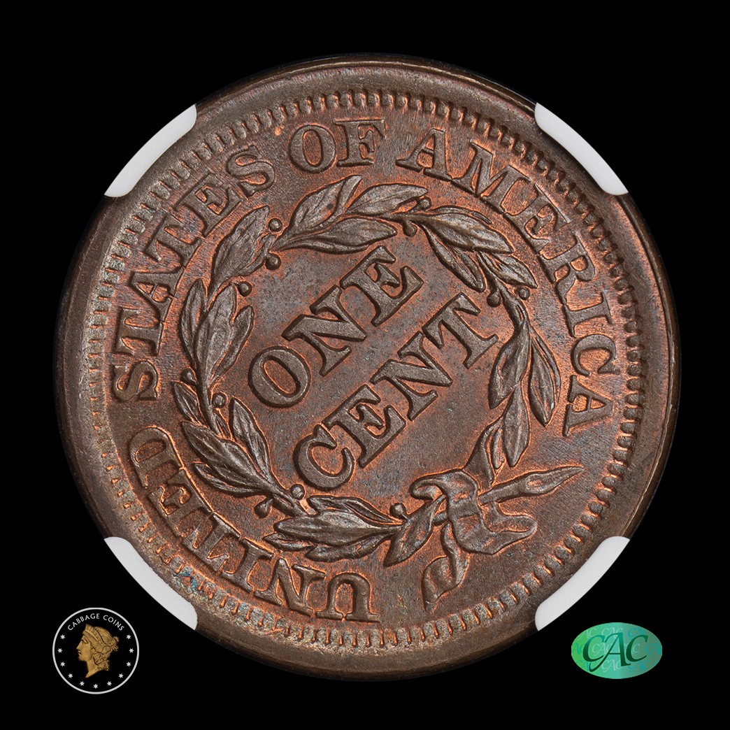1852 1C Coronet Head Large Cent NGC MS66+ BN CAC  reverse