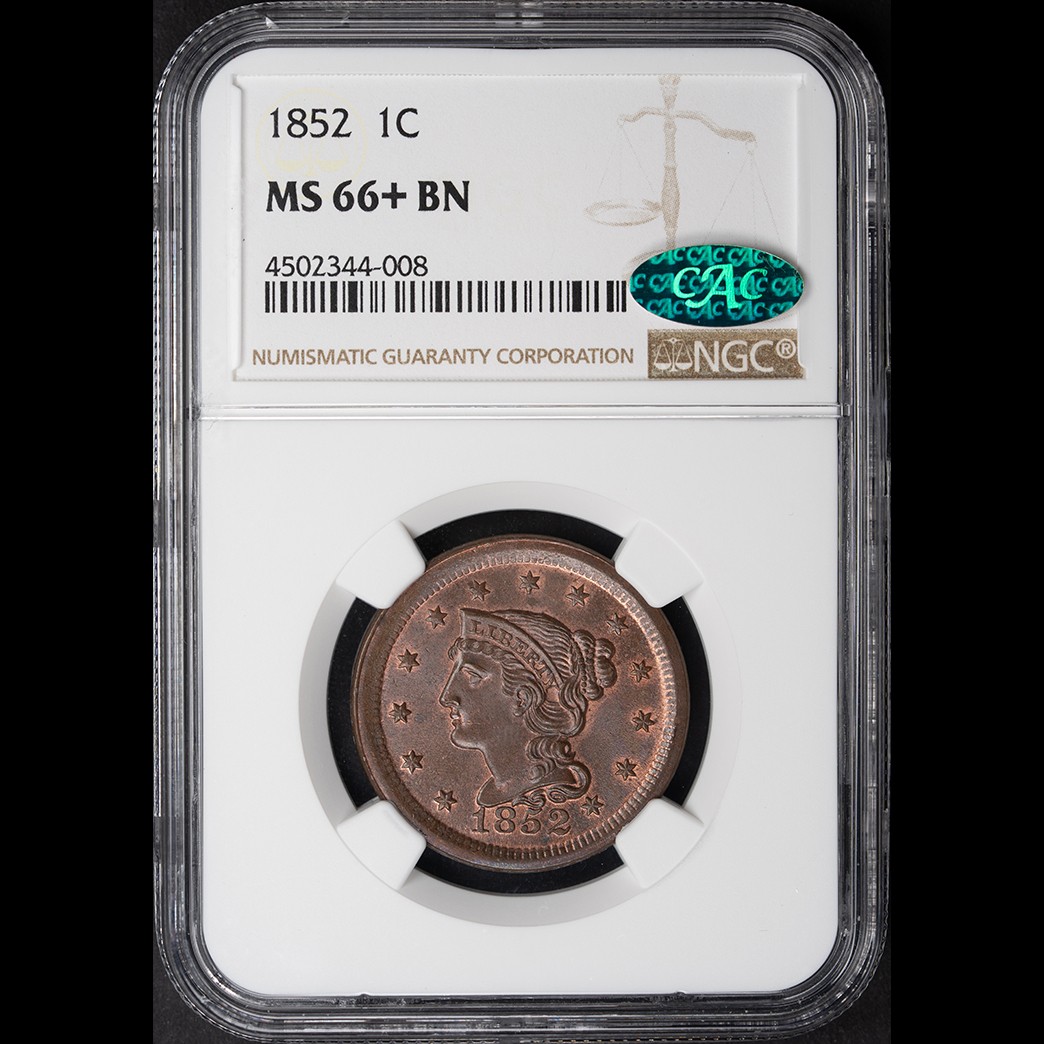 1852 1C Coronet Head Large Cent NGC MS66+ BN CAC  in holder, view 1