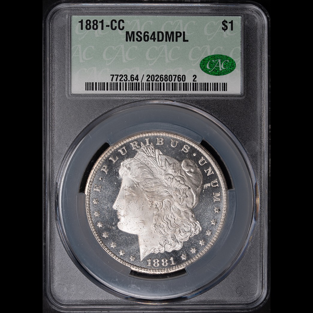 1881-CC $1 Morgan Silver Dollar CACG MS64DMPL in holder, view 1