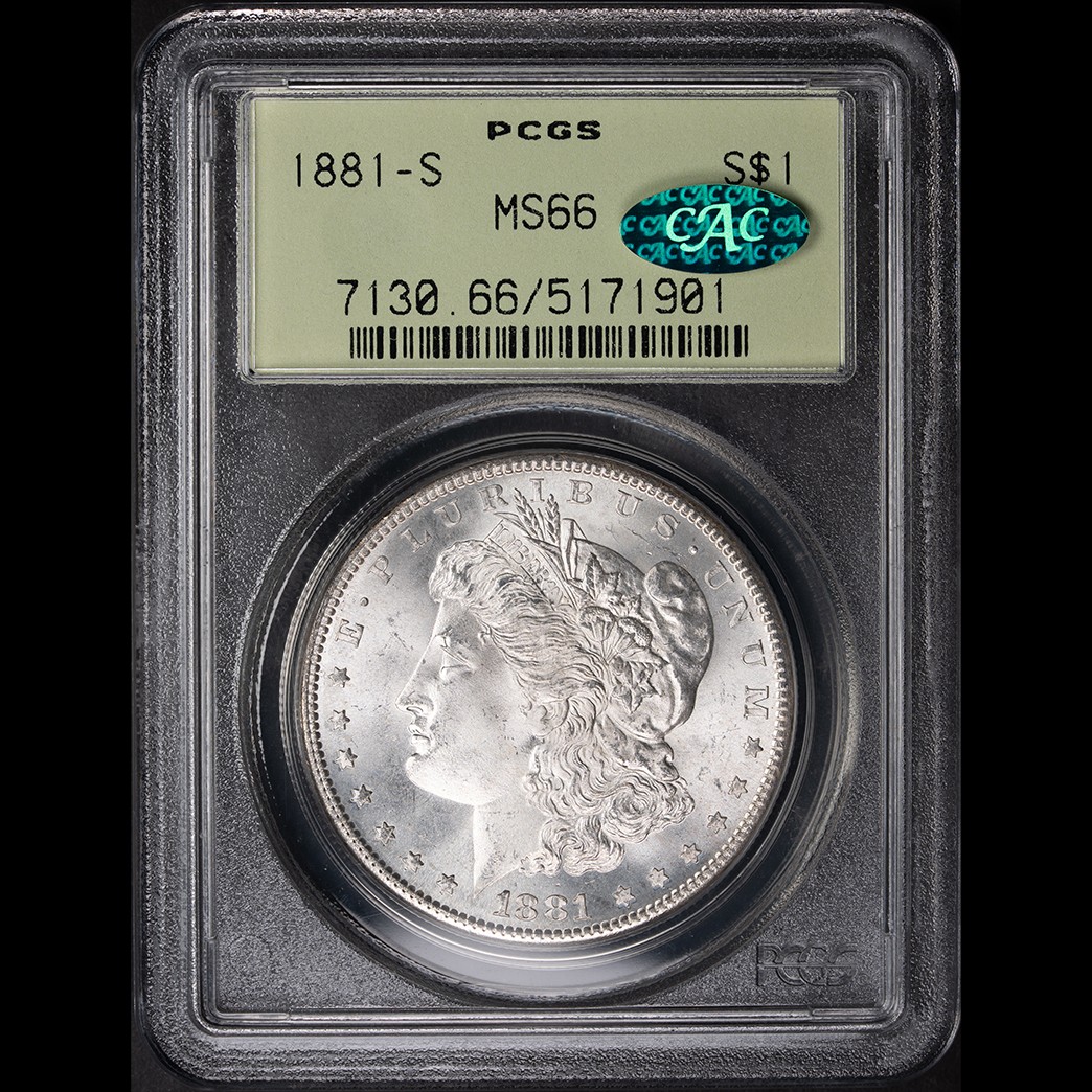 1881-S $1 Morgan Silver Dollar PCGS MS66 CAC OGH in holder, view 1