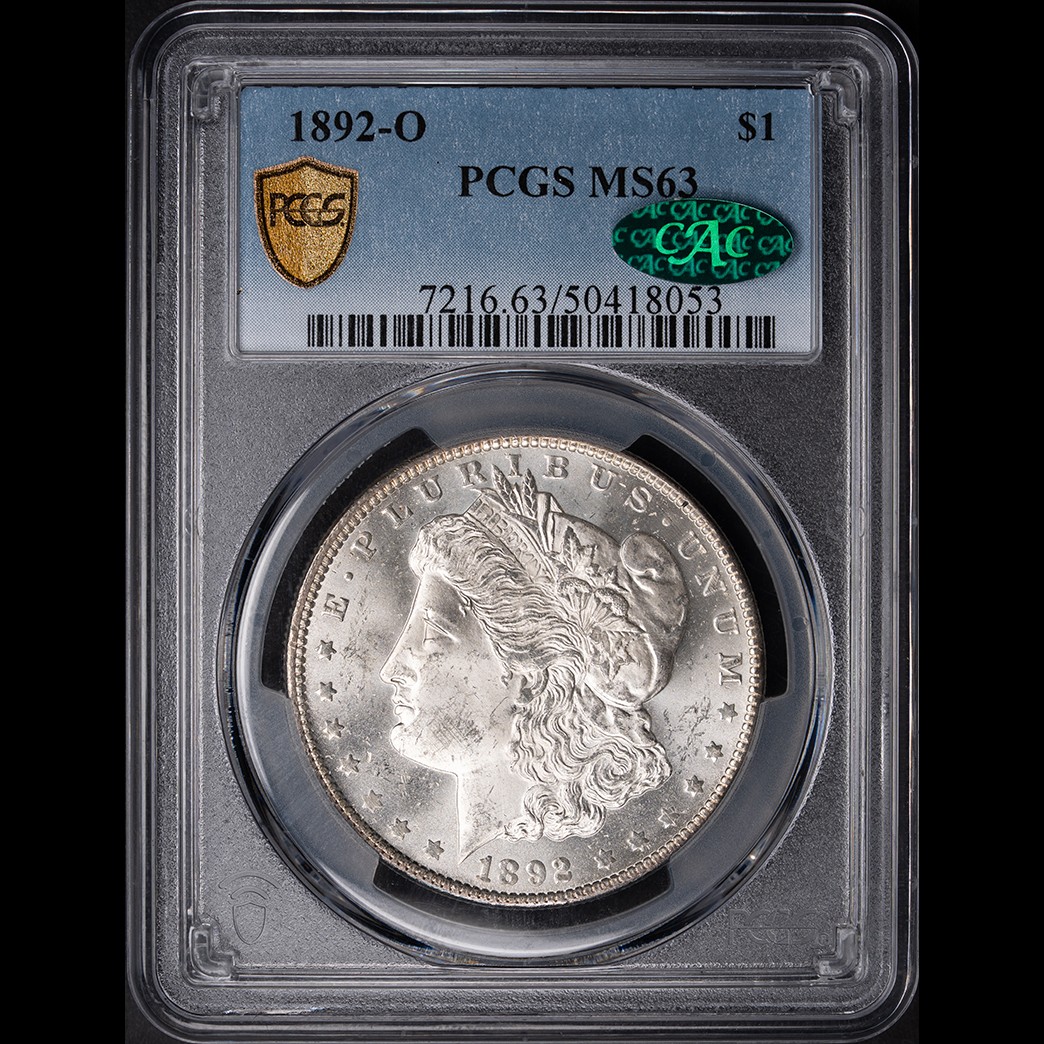 1892-O $1 Morgan Silver Dollar PCGS MS63 CAC in holder, view 1