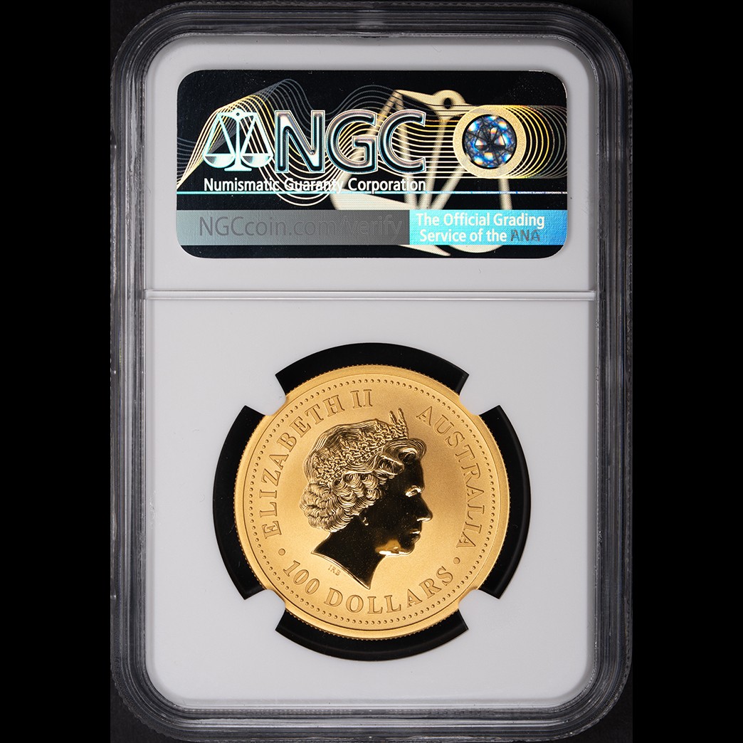 2002 Australia Gold Lunar "Year of the Horse" 1oz NGC MS69 in holder, view 2