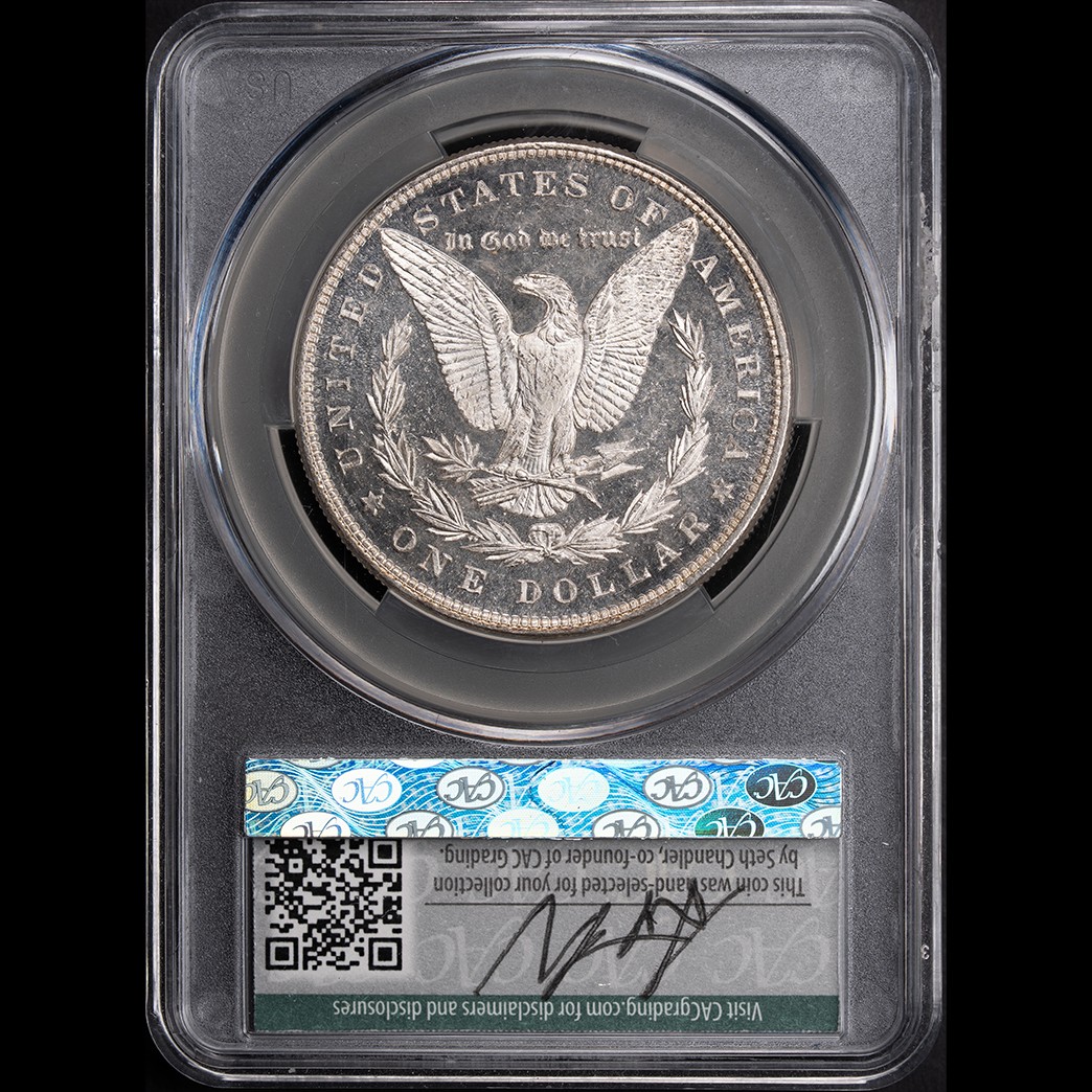 1885 $1 Morgan Silver Dollar CAC MS63 DMPL in holder, view 2