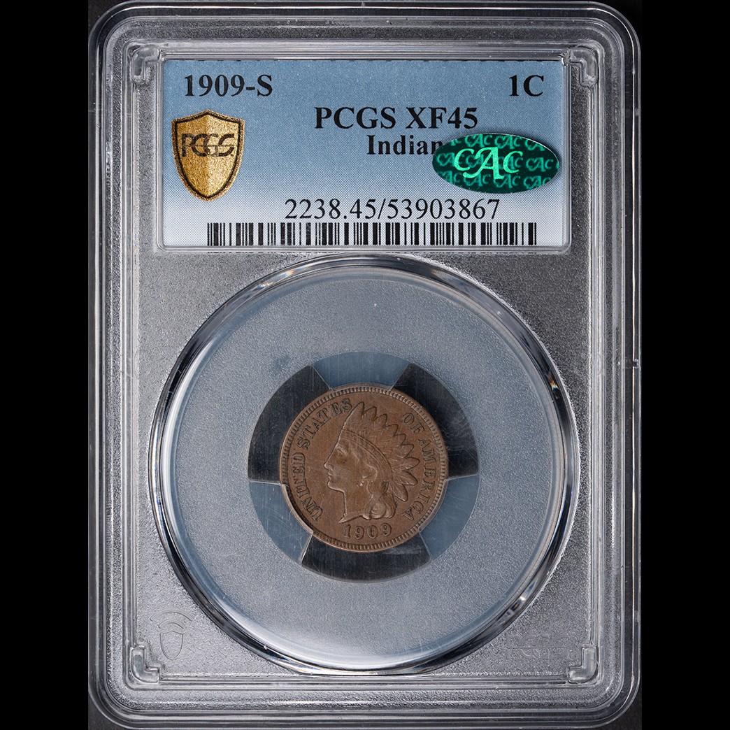 1909-S 1C Indian Head Cent PCGS XF45 CAC in holder, view 1
