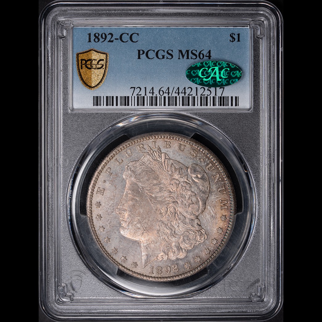 1892-CC $1 Morgan Silver Dollar PCGS MS64 CAC in holder, view 1