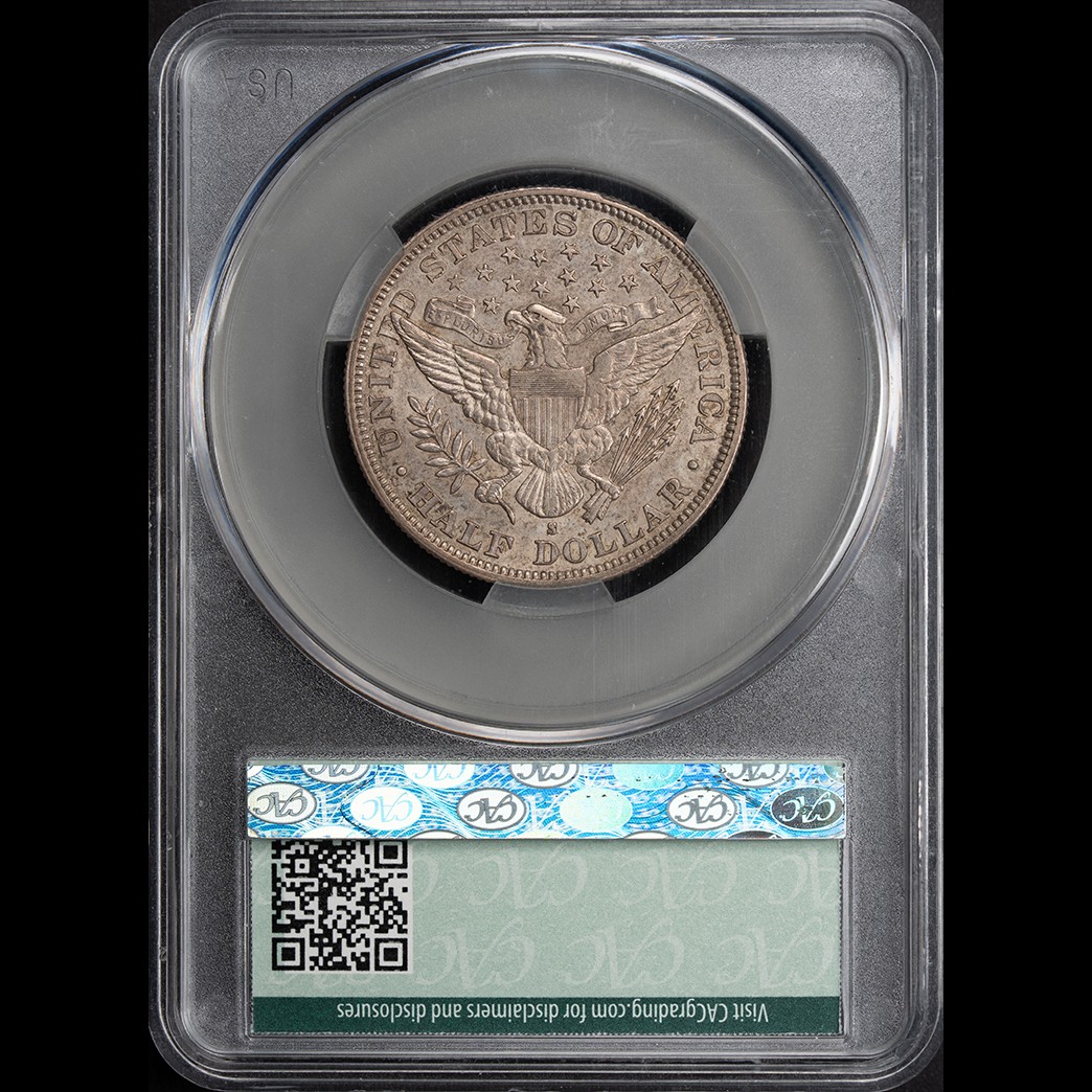 1894-S 50C Barber Half Dollar CAC AU58 Rev Dr McClure in holder, view 2