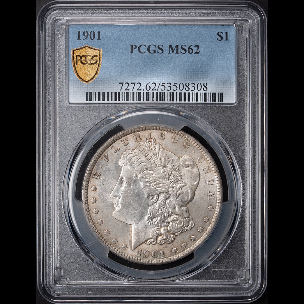 1901 $1 Morgan Silver Dollar PCGS MS62 in holder, view 1
