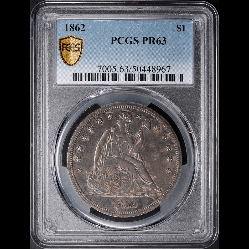 1862 $1 Liberty Seated Dollar Proof PCGS PR63 in holder, view 1