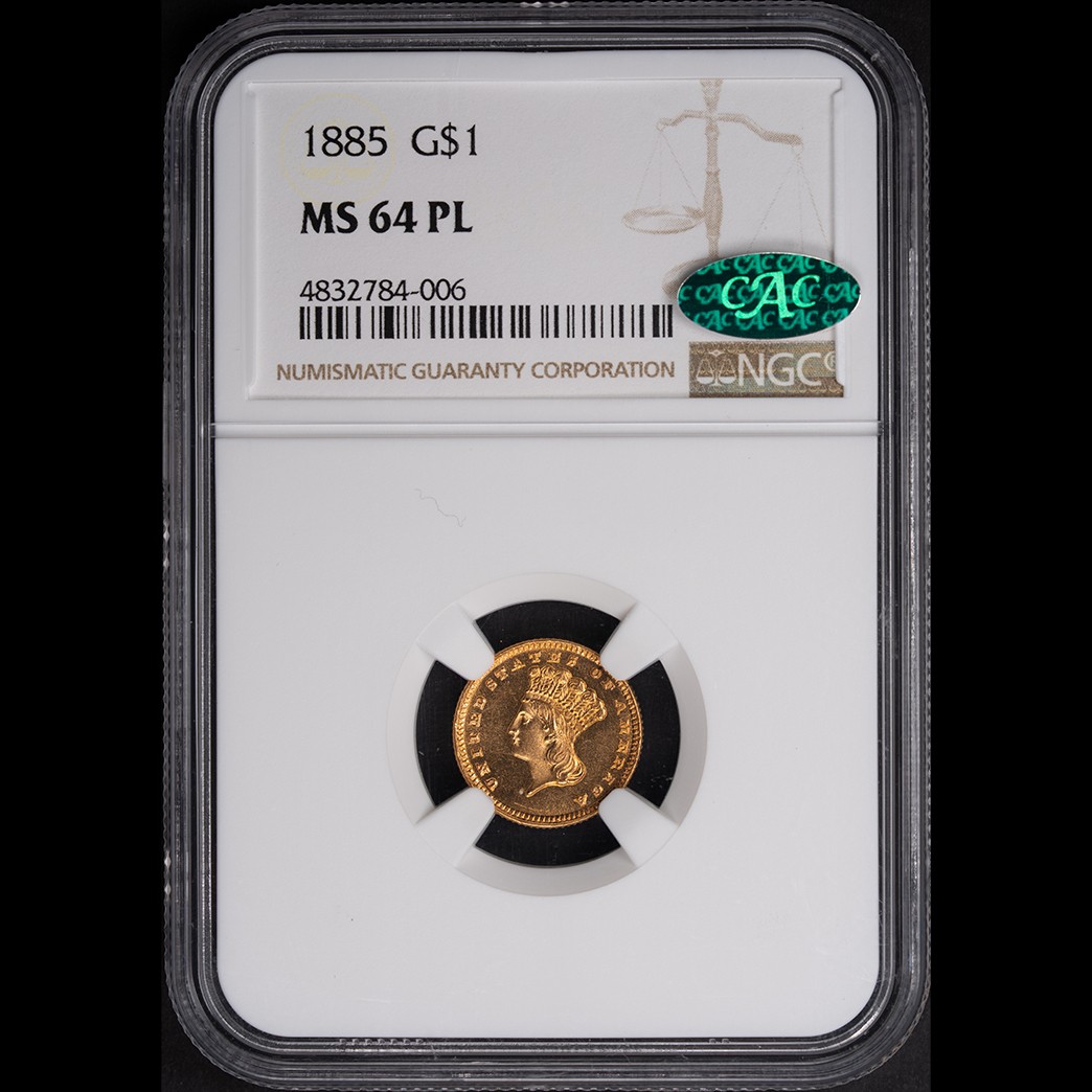 1885 G$1 Gold Dollar Type 3 NGC MS64 PL CAC in holder, view 1