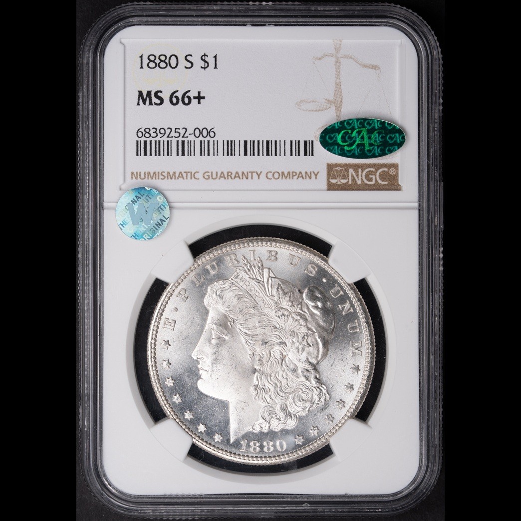 1880-S $1 Morgan Silver Dollar NGC MS66+ CAC in holder, view 1