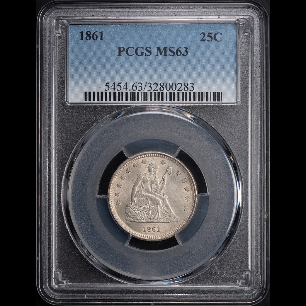 1861 25C Liberty Seated Quarter PCGS MS63 in holder, view 1