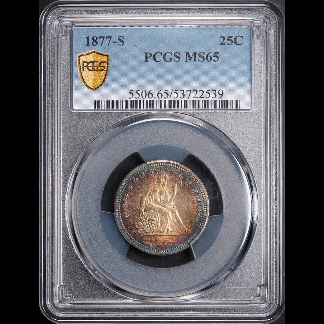 1877-S 25C Liberty Seated Quarter PCGS MS65 (toned) in holder, view 1