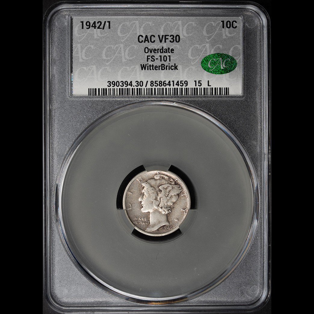 1942/1 10C Mercury Dime CAC VF30 Witterbrick in holder, view 1
