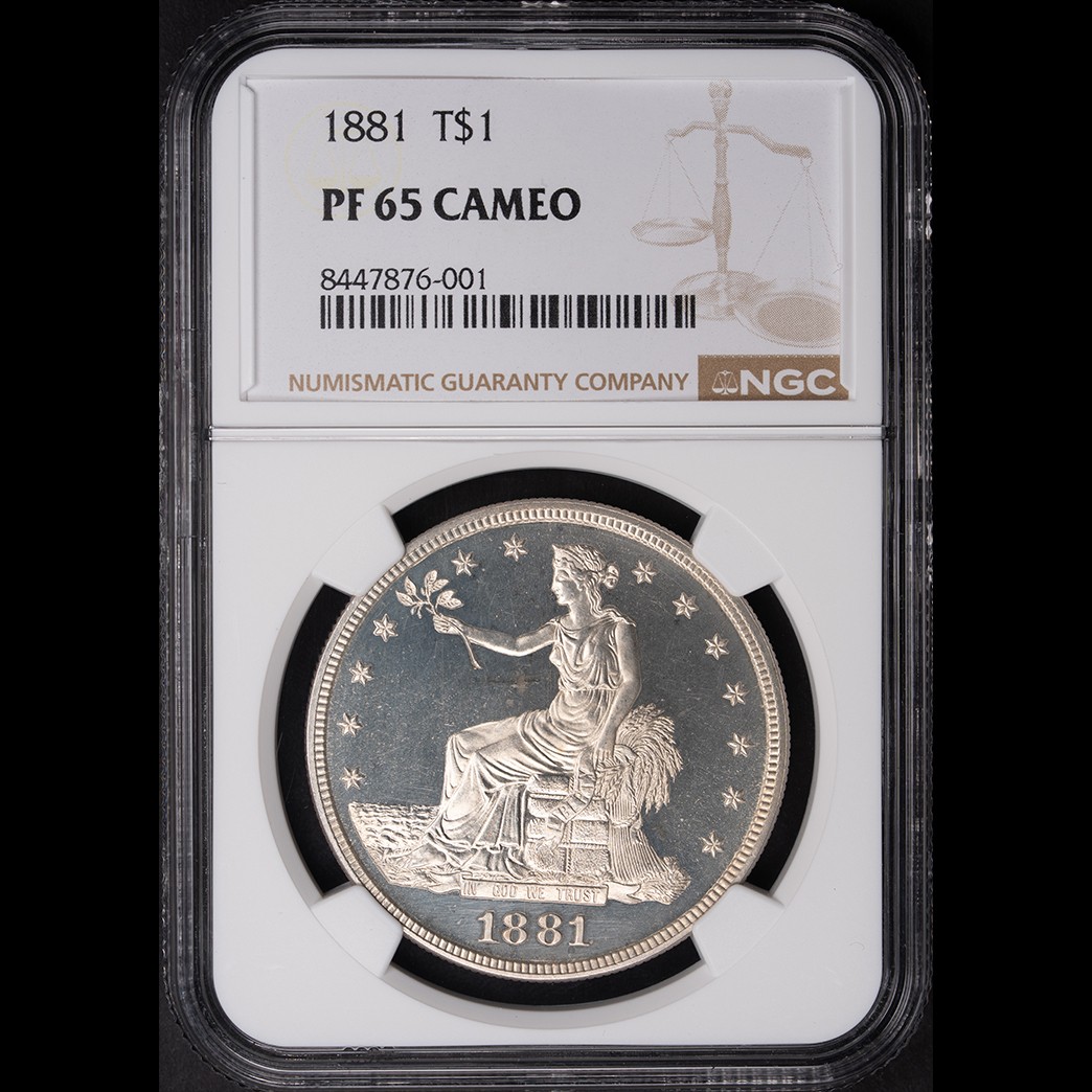 1881 T$1 Trade Dollar Proof NGC PF65 CAMEO in holder, view 1