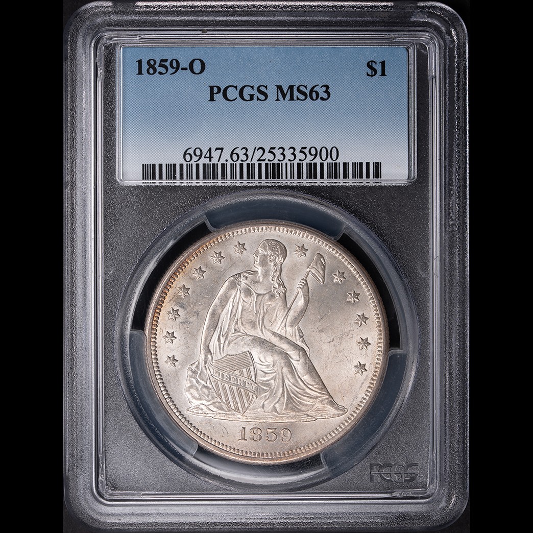 1859-O $1 Liberty Seated Dollar PCGS MS63 in holder, view 1