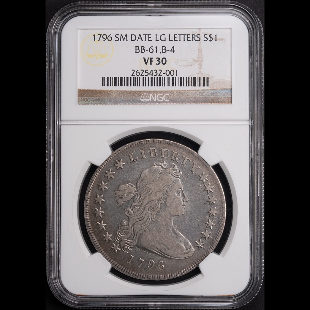 1796 $1 Draped Bust Dollar Small Date Large Letters NGC VF30 in holder, view 1