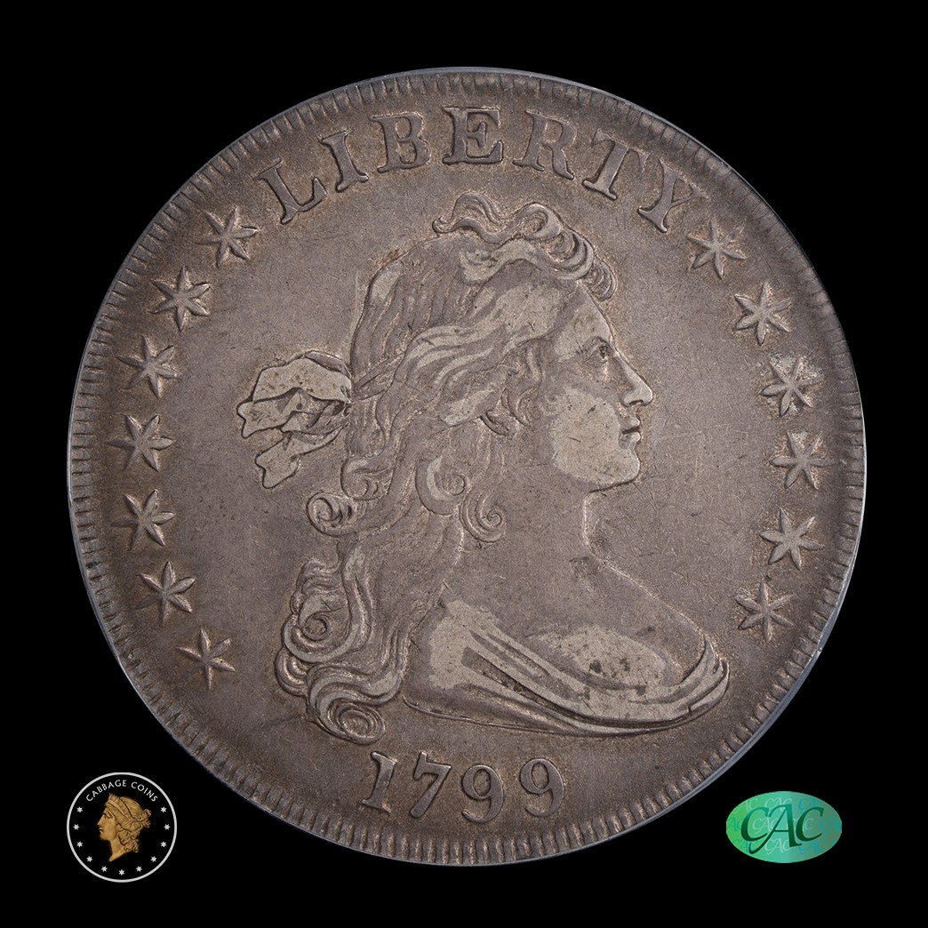 1799 $1 Draped Bust Silver Dollar PCGS XF45 CAC in holder, view 1