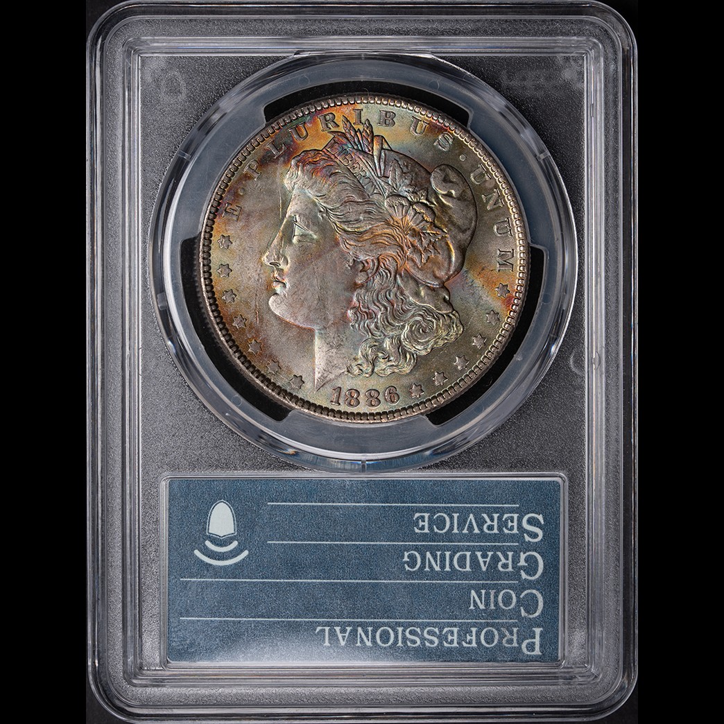 1886 $1 Morgan Silver Dollar PCGS MS62 Toner (Dual Sided EOR) in holder, view 2