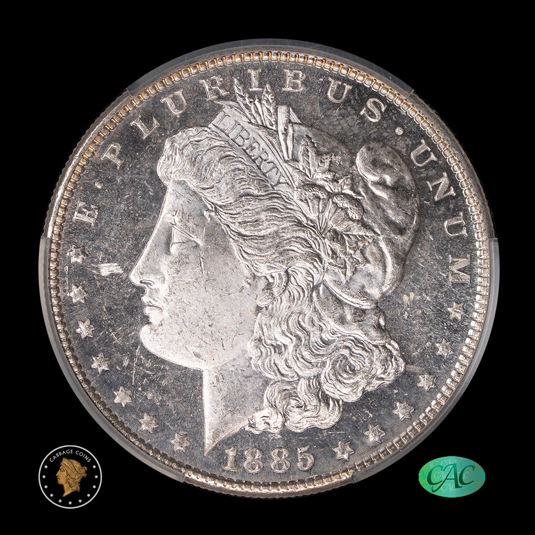 1885 $1 Morgan Silver Dollar CAC MS63 DMPL obverse