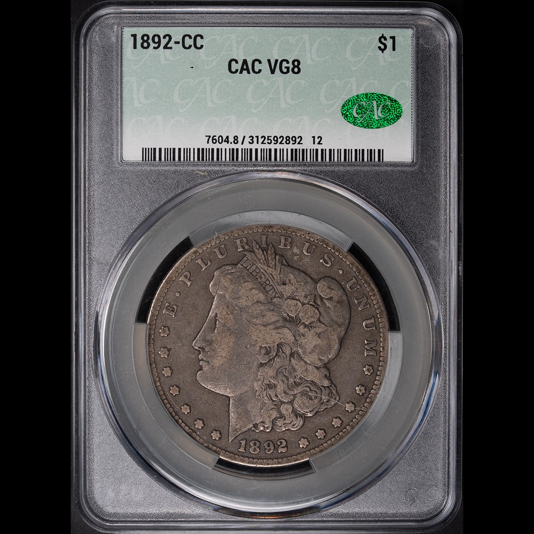 1892-CC $1 Morgan Silver Dollar CACG VG08 in holder, view 1