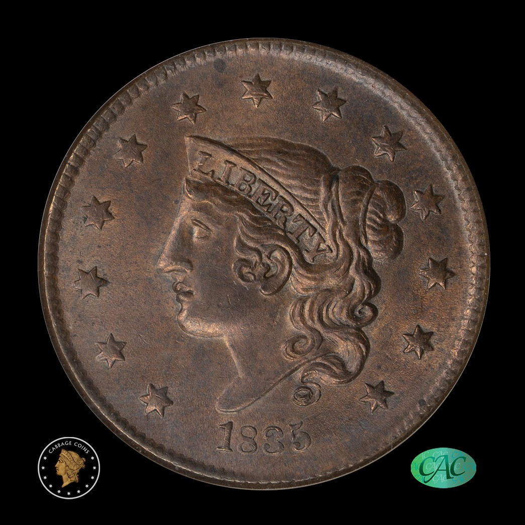1835 1C Large Cent NGC MS65 BN CAC in holder, view 1