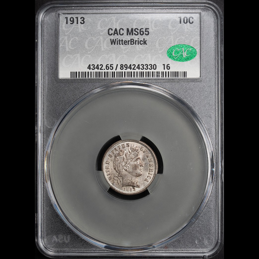 1913 10C Barber Dime CAC MS65 Witterbrick in holder, view 1