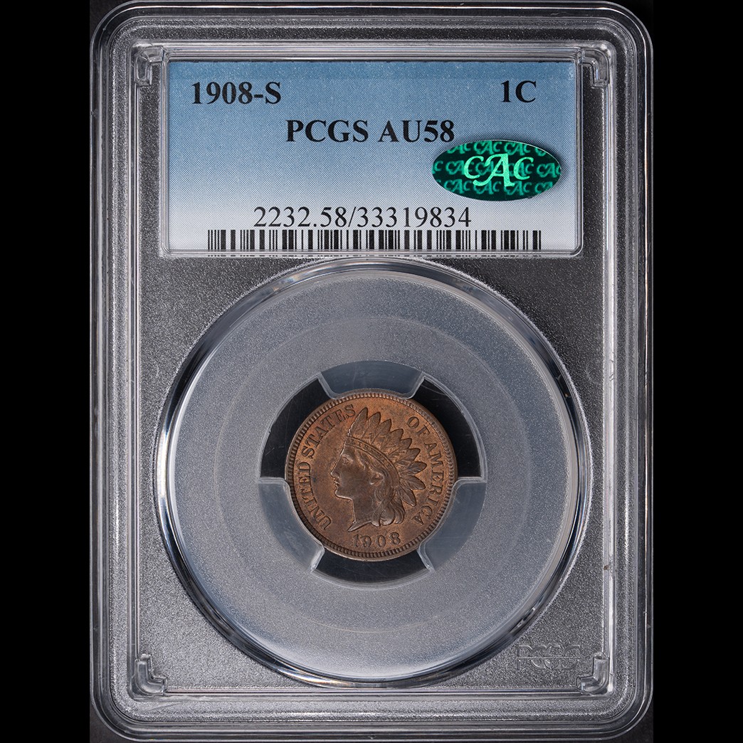 1908-S 1C Indian Head Cent PCGS AU58 CAC in holder, view 1