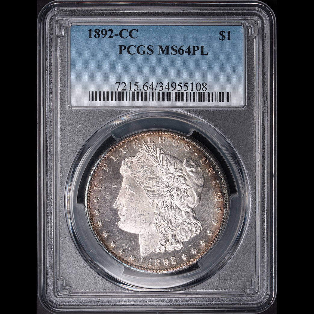1892-CC $1 Morgan Silver Dollar PCGS MS64PL in holder, view 1