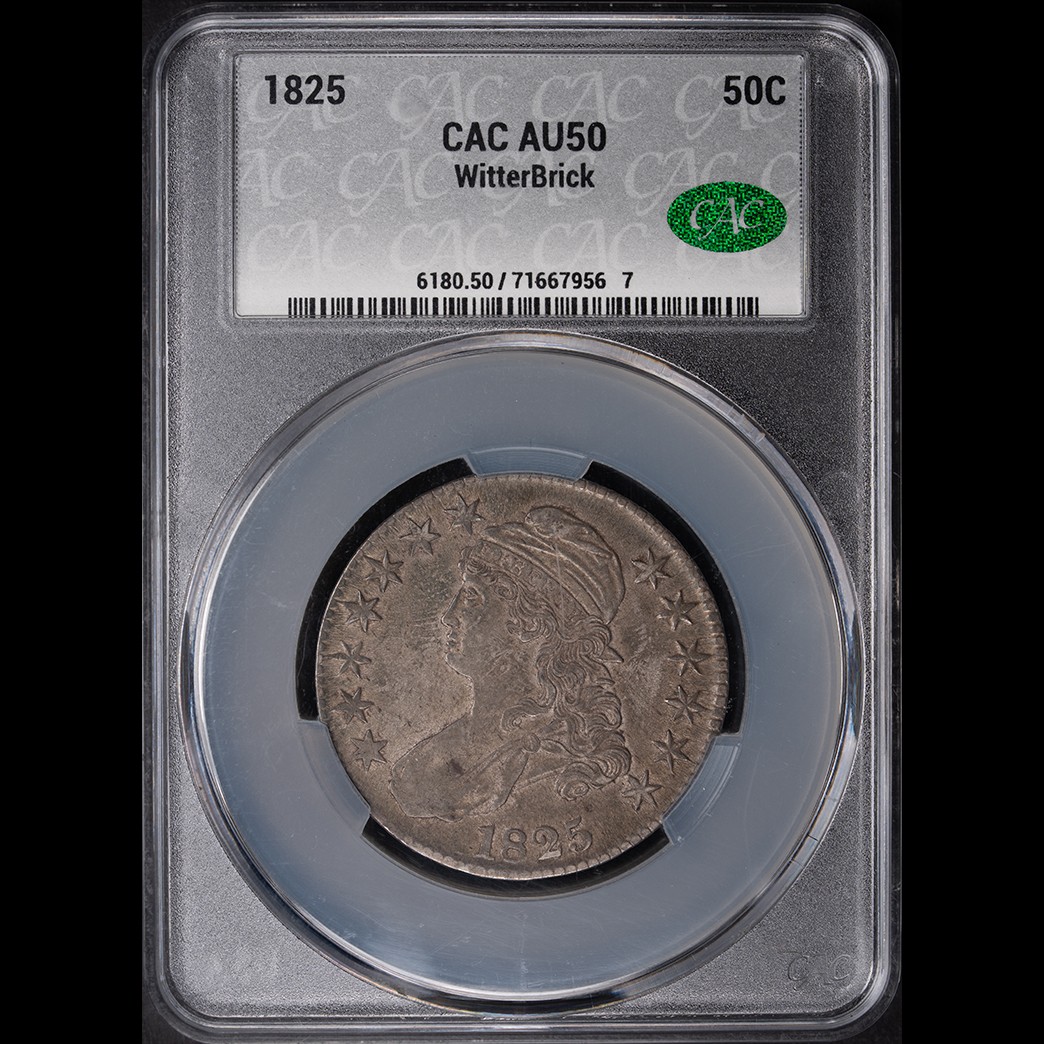 1825 50C Capped Bust Half Dollar CAC AU50 Witterbrick in holder, view 1