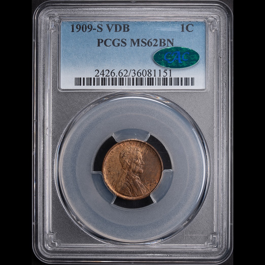 1909-S VDB 1C Lincoln Cent PCGS MS62BN CAC in holder, view 1