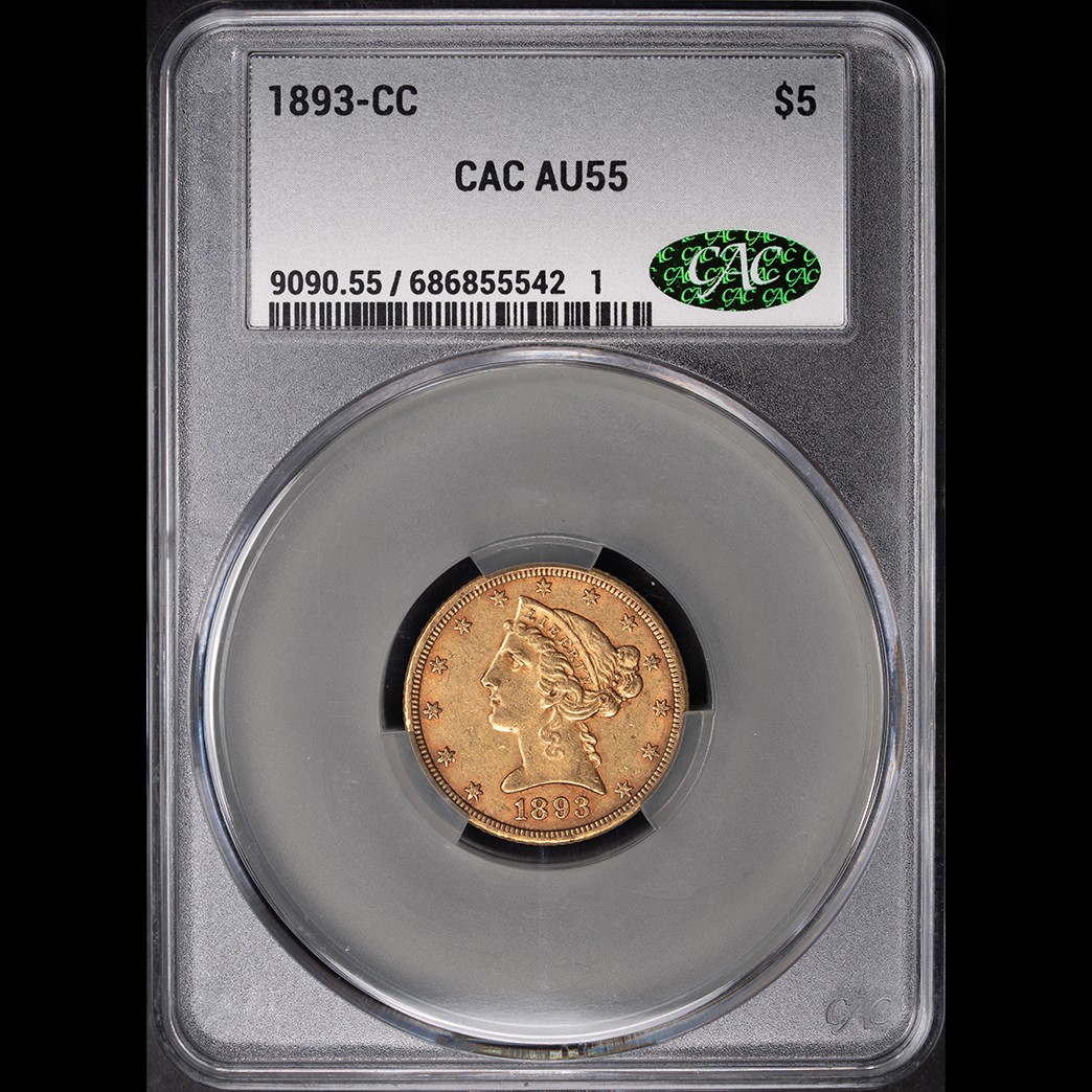 1893-CC $5 Liberty Head Half Eagle CAC AU55 in holder, view 1