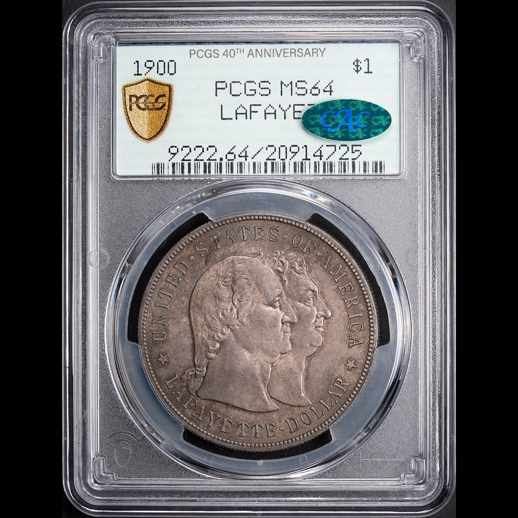 1900 $1 Lafayette Silver Dollar Commem PCGS MS64 CAC in holder, view 1