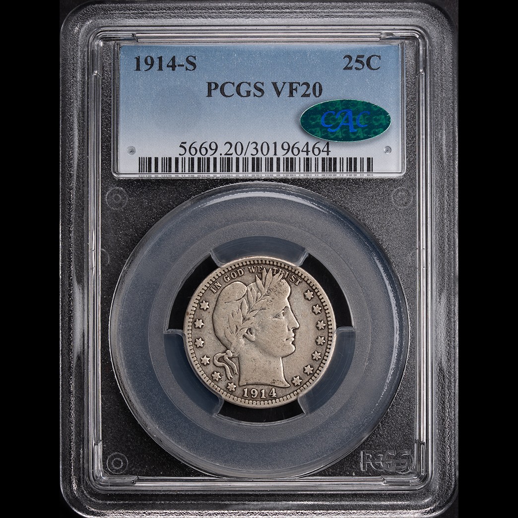 1914-S 25C Barber Quarter Dollar PCGS VF20 CAC in holder, view 1
