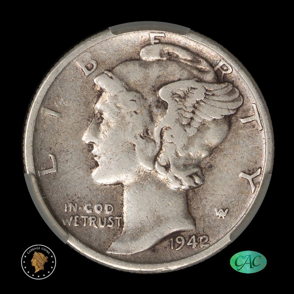 1942/1 10C Mercury Dime CAC VF30 Witterbrick obverse