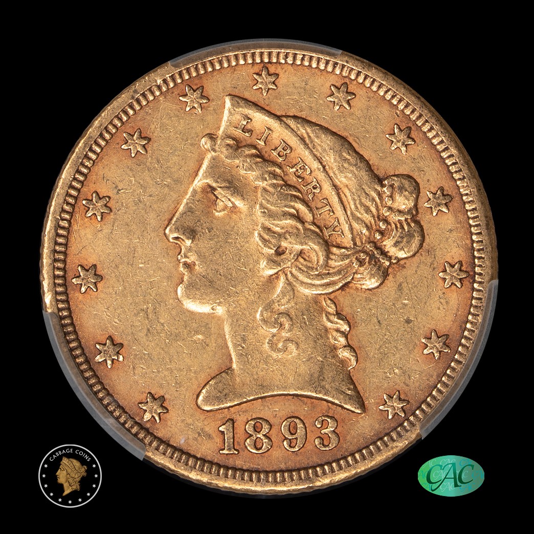 1893-CC $5 Liberty Head Half Eagle CAC AU55 obverse