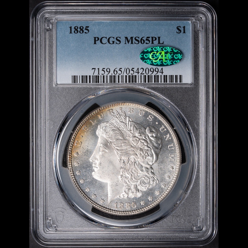 1885 $1 Morgan Silver Dollar PCGS MS65PL CAC in holder, view 1