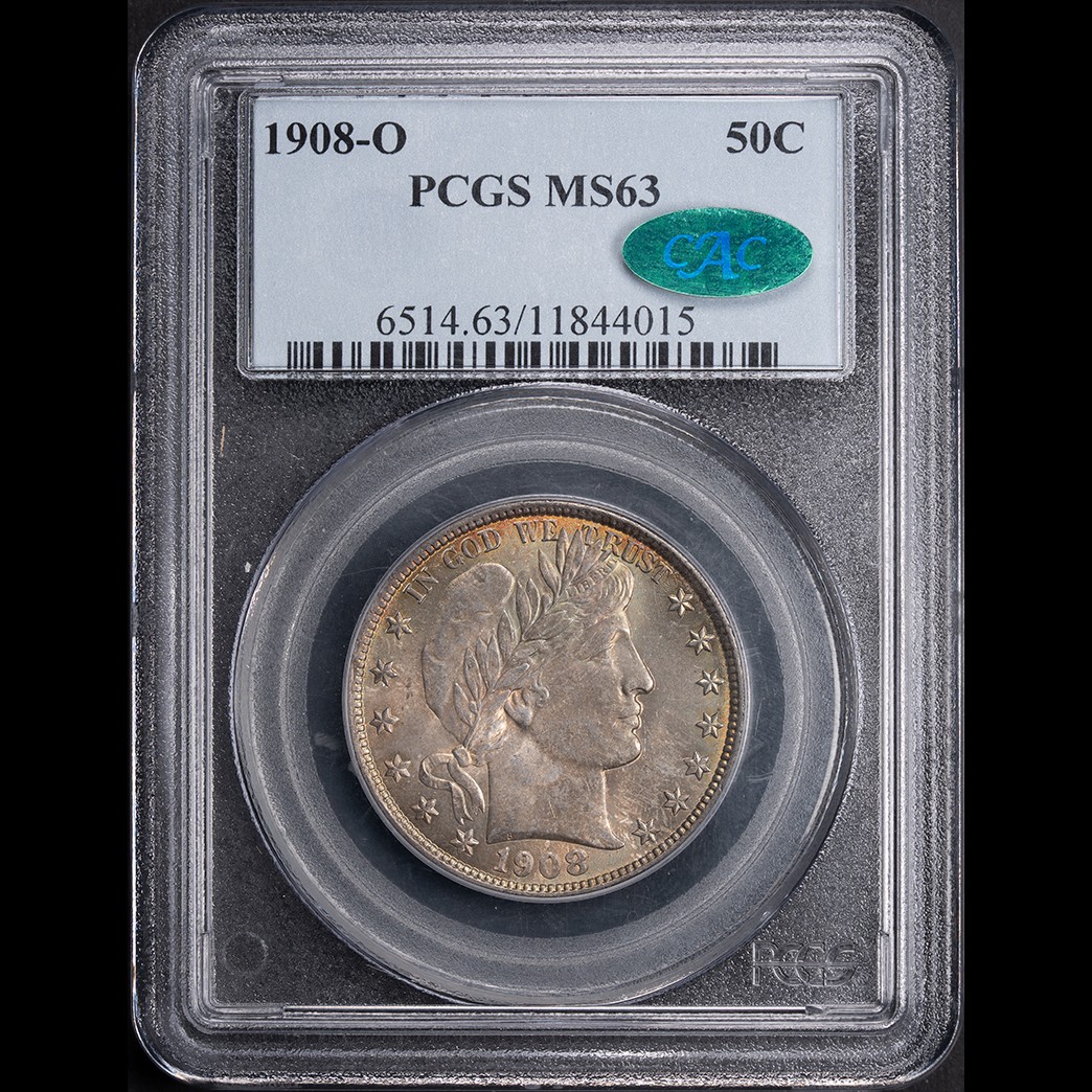 1908-O 50C Barber Half PCGS MS63 CAC in holder, view 1