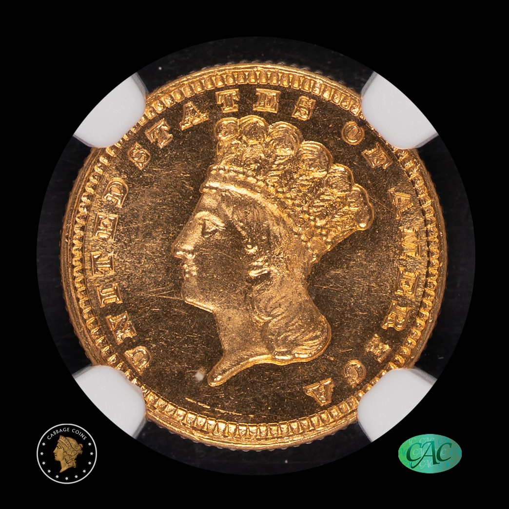 1885 G$1 Gold Dollar Type 3 NGC MS64 PL CAC in holder, view 3