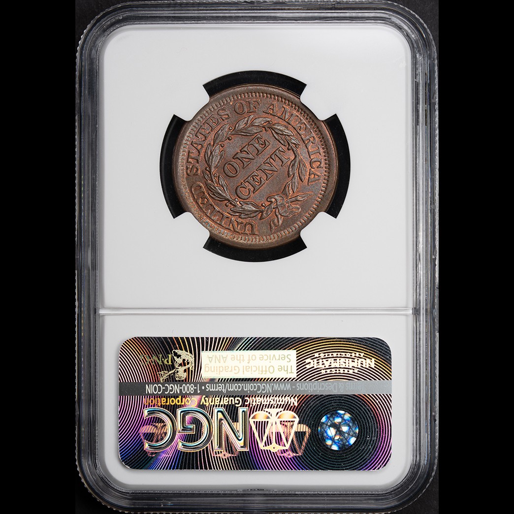 1852 1C Coronet Head Large Cent NGC MS66+ BN CAC  in holder, view 2