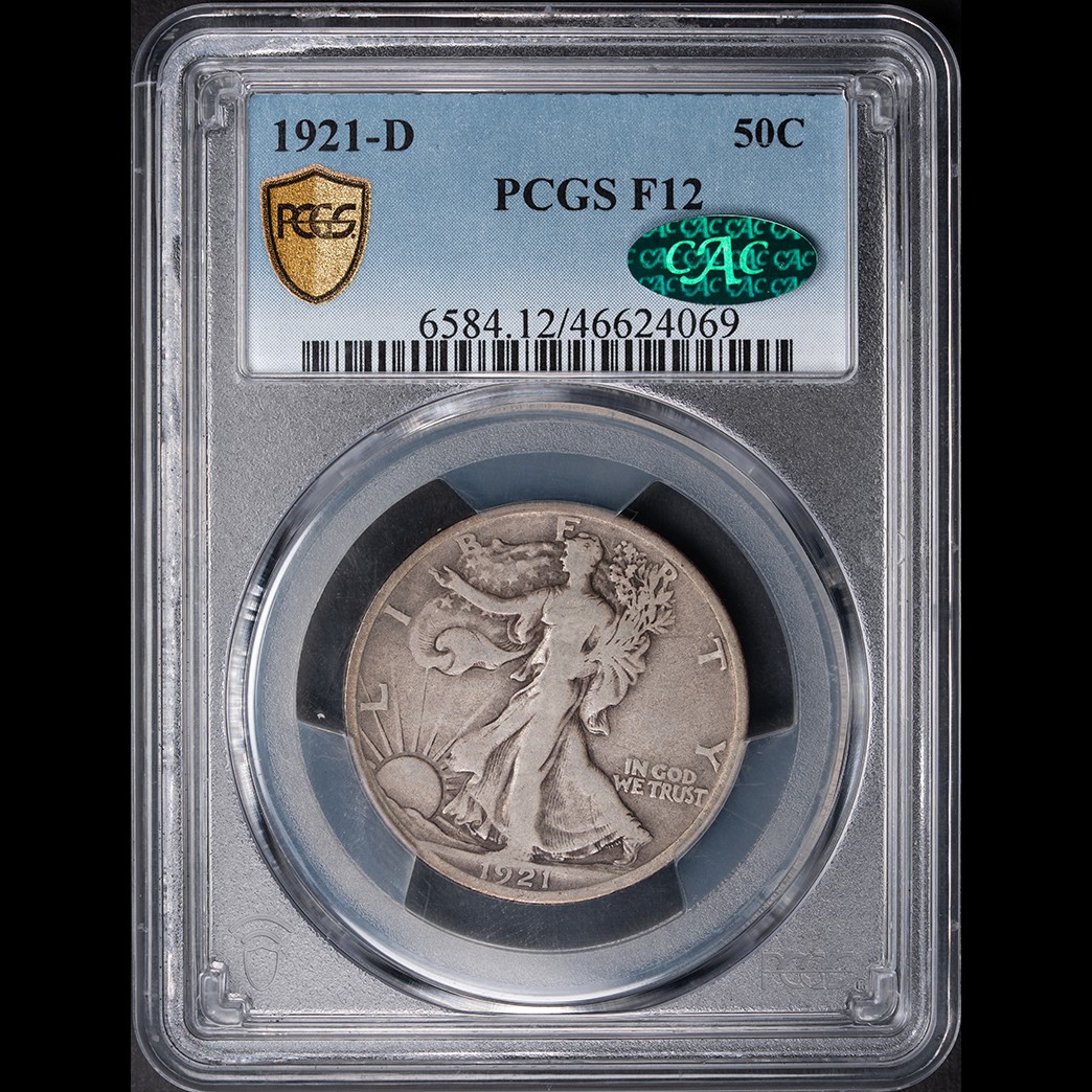 1921-D 50C Walking Liberty Half Dollar PCGS F12 CAC in holder, view 1